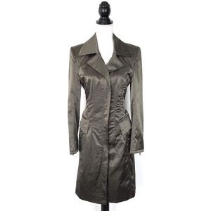 Marc Cain Olive Green Satin Trench Jacket Zip Front Luxury Designer Size 2